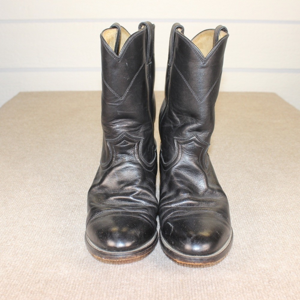 Justin Vintage Black Leather Cowboy Boots Mens 9.5 E Roper Western 3133